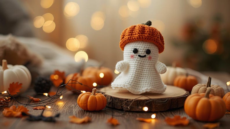 May include: A crocheted ghost figure wearing an orange pumpkin hat, set on a wooden slice. The ghost has a smiling face and is surrounded by miniature pumpkins, fall leaves, and string lights, creating a festive autumn scene.
