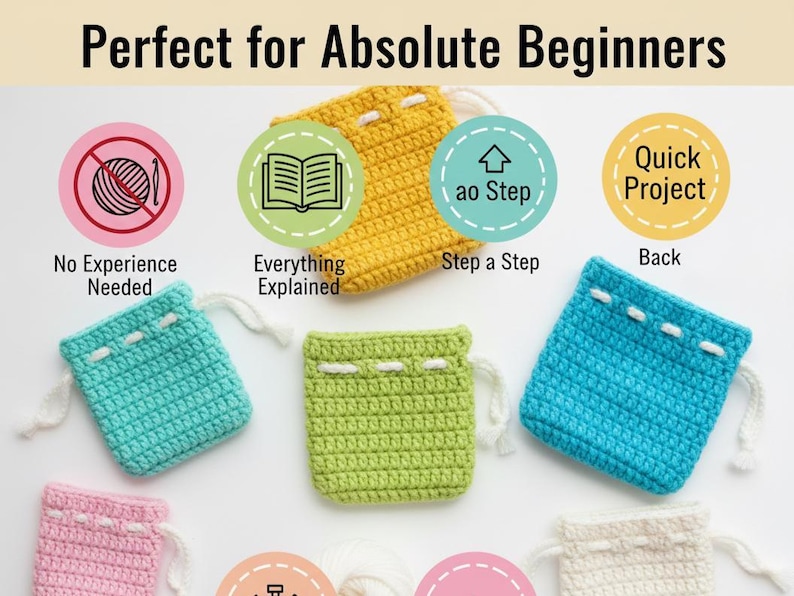 May include: A selection of small, crocheted pouches in shades of yellow, blue, green, and pink. Each pouch has a drawstring and white stitching detail. The image includes text: "Perfect for Absolute Beginners". Icons suggest the project is suitable for beginners and quick to complete.