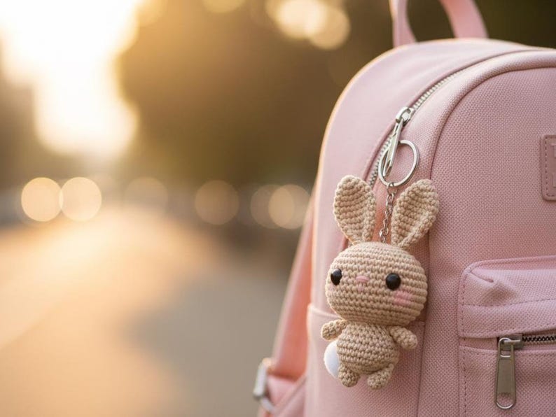 May include: A crocheted bunny keychain in tan and white hangs from a pink backpack. The bunny has black eyes, pink cheeks, and a small white tail. The backpack has a silver zipper and a small pocket.