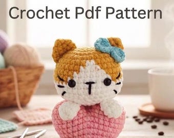 Crochet Cat with Heart Pattern | Amigurumi Cat Plush Pattern | Cat Crochet Pattern | Valentine Gift  | Cat Keychain