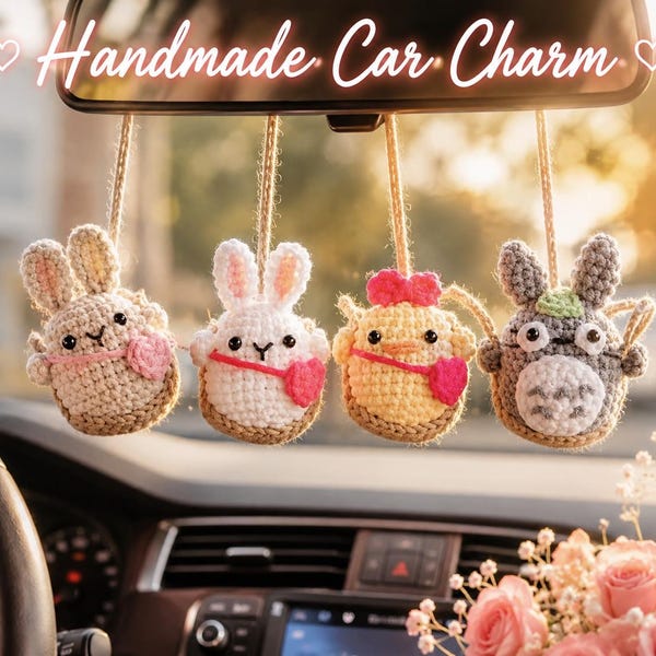 Crochet Car Hanger Pattern PDF, häkeln von Auto hängen Muster, niedliches Amigurumi Car Charm Trio, Häschen-Küken Totoro häkeln