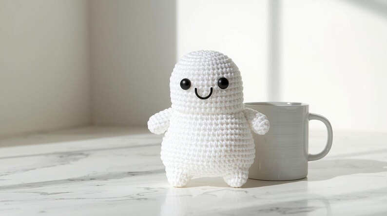 May include: A handmade white crochet ghost with black eyes and a smiling mouth. The ghost is standing next to a white mug on a white marble surface. The ghost is a cute, whimsical design.