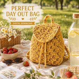 Patrón de mochila de ganchillo en PDF, bolso con cordón y solapa, descarga digital para principiantes.