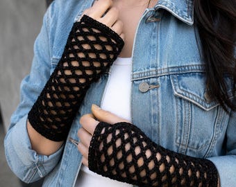 Patrón de guantes sin dedos a crochet, guantes de malla de red en PDF, calentadores de muñeca a crochet para mujer, patrón de crochet apto para principiantes
