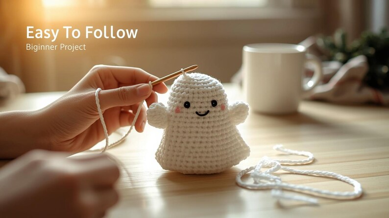 May include: A crocheted white ghost with a smiling face and small arms. The ghost is being crocheted with a gold crochet hook and white yarn. Text in the image reads "Easy To Follow Beginner Project".