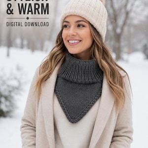 May include: A cream-coloured ribbed knit beanie with a faux fur pom-pom and a dark grey triangular knit neck warmer. The text STYLISH & WARM DIGITAL DOWNLOAD is visible in the upper left corner of the image against a snowy outdoor background.