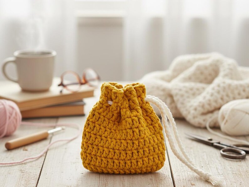 May include: A mustard yellow crochet drawstring pouch with a white drawstring. The pouch is on a light wooden surface, with a cup of coffee, books, and yarn in the background. The pouch is handmade.