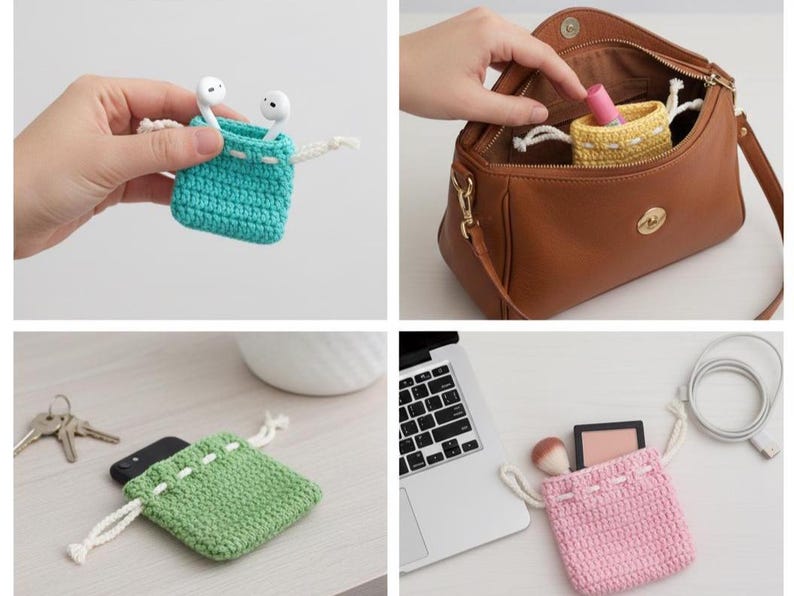 May include: A selection of handmade crochet pouches in teal, yellow, green, and pink. The pouches are shown holding earbuds, cosmetics, and a phone. Each pouch has a drawstring closure.