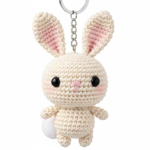 May include: A cream-colored crochet bunny keychain with pink inner ears, black eyes, and a pink nose. The bunny has a small white tail and is attached to a silver-colored chain and keyring. The keychain is a cute, handmade accessory.