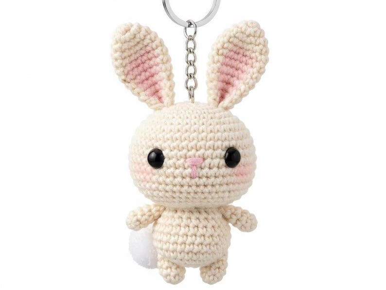 May include: A cream-colored crochet bunny keychain with pink inner ears, black eyes, and a pink nose. The bunny has a small white tail and is attached to a silver-colored chain and keyring. The keychain is a cute, handmade accessory.
