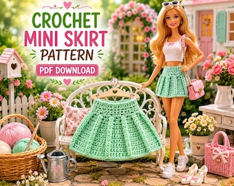 Patrón de falda de ganchillo para muñeca, patrón de ropa de ganchillo para muñeca, tutorial de falda de moda para muñeca, patrón de ganchillo fácil para principiantes, descarga instantánea.