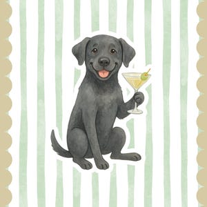 ブラックラブラドールのカクテルペインティング、犬のプリントポートレート、おしゃれなバーカートのデコレーション、動物好きのためのウォールアートプリント、デジタルダウンロードアート