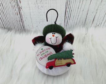 Hearts Come Home Family Ornament, Station Wagon Tree Ornament, Retro Family Ornament, Gift Exchange Ornament, Snowman Ornament Mom Grandma