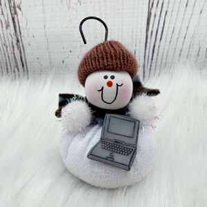 May include: A snowman ornament with a brown knit cap, a black metal hook, and a gray laptop. The snowman has a painted face with a red nose and a smiling mouth. The ornament is on a white fluffy surface.
