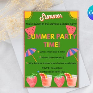 Tarjeta de invitación para celebración de verano/Plantilla de invitación de picnic editable/Celebración al aire libre/Plantilla digital de descarga instantánea/