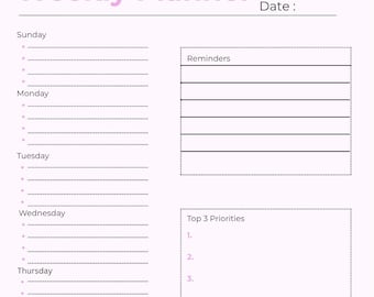 Weekly Planner Printable | A4 & US Letter | Minimalist Pink Weekly Schedule | Digital Download PDF