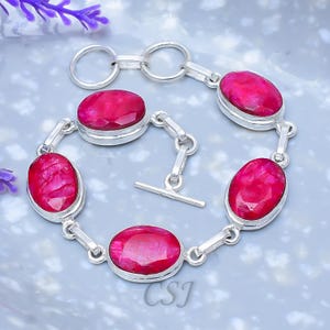 Handmade Ruby Gemstone Bracelet Sterling Silver Rectangle Boho Jewelry