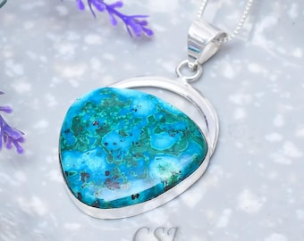Handmade Malachite Chrysocolla Gemstone Necklace 925 Sterling Silver Pendant Jewelry