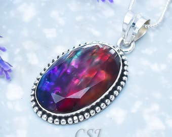 Aurora Opal Pendant 925 Sterling Silver Necklace Boho Handmade Jewelry