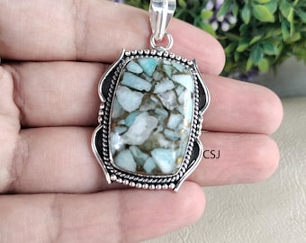 Handmade Larimar Stone 925 Sterling Silver Caribbean Blue Pendant Necklace