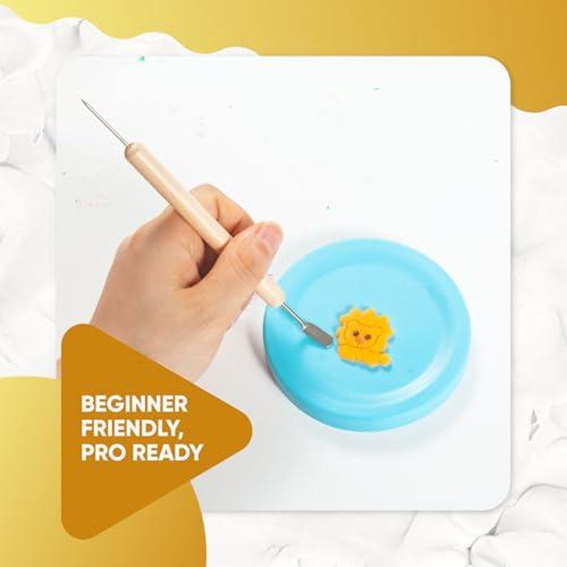 May include: A light blue, round craft piece with a yellow lion design. A craft tool with a wooden handle and metal tip is held above the piece. The text "BEGINNER FRIENDLY, PRO READY" is in a yellow triangle.