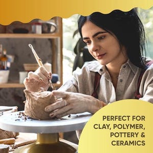 May include: A person working on a clay sculpture using a pottery wheel and tools. The sculpture is a light brown color. The image has text that says "PERFECT FOR CLAY, POLYMER, POTTERY & CERAMICS."