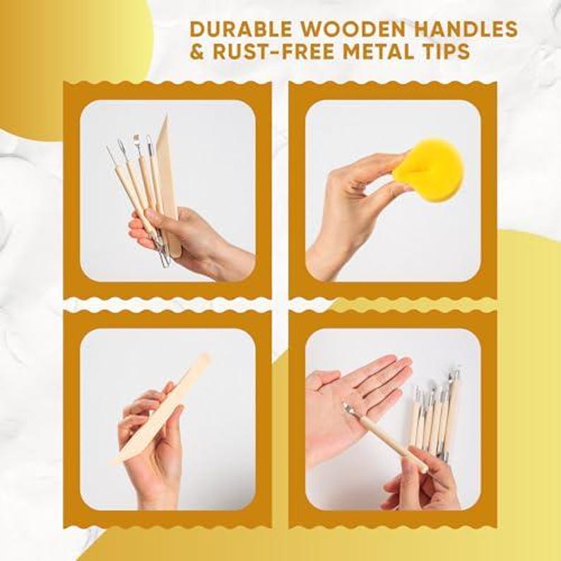 May include: A collage of four images showcasing pottery tools. The tools have durable wooden handles and rust-free metal tips. The images show the tools being held and used. The text at the top reads "Durable Wooden Handles & Rust-Free Metal Tips."