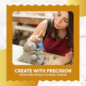 May include: A woman sculpting a gray clay figure with a tool. She wears a red apron. The image includes the text "CREATE WITH PRECISION FROM FINE DETAILS TO BOLD SHAPES".