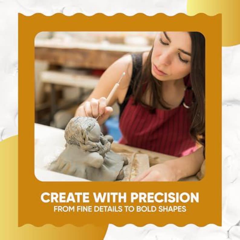 May include: A woman sculpting a gray clay figure with a tool. She wears a red apron. The image includes the text "CREATE WITH PRECISION FROM FINE DETAILS TO BOLD SHAPES".