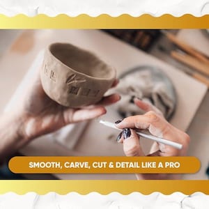 May include: A person holding a small, unfinished clay bowl with carved designs. The text "SMOOTH, CARVE, CUT & DETAIL LIKE A PRO" is displayed on a gold banner. A tool is being used to detail the clay.