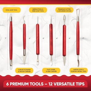 May include: Six premium sculpting tools with red handles and silver tips are displayed. The tools include an oval loop tool, needle tool, triangle cutter, curved scraper, flat chisel, and large loop tool. The tools range from 6 to 7 inches in length.