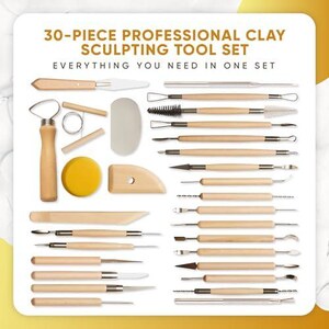 May include: A 30-piece professional clay sculpting tool set. The set includes various tools with wooden handles and metal tips, such as knives, brushes, and shapers. The tools are arranged on a white surface with text that reads "Everything you need in one set."