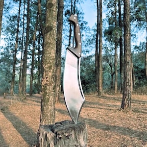 May include: A large, curved blade knife with a dark wooden handle, embedded in a tree stump. The blade is silver and reflects the surrounding forest. The knife is designed for chopping and cutting.
