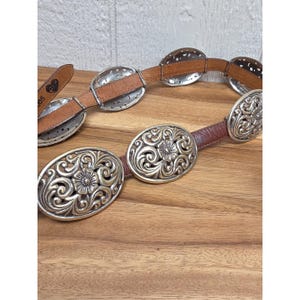 Vtg Brighton Brown Leather & Silver Womens M Belt Hook Latch Flowers 36" image 5