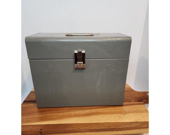 Vintage Mid Century Industrial Office Metal Records File Box Chest With Key