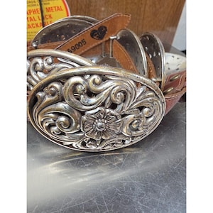 Vtg Brighton Brown Leather & Silver Womens M Belt Hook Latch Flowers 36" image 8