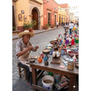 May include: An artisan paints colorful figurines at a street market. The scene is set on a cobblestone street with vibrant buildings in the background. The artisan is wearing a straw hat and apron, surrounded by paints and finished crafts.