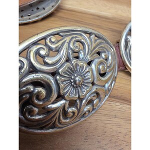 Vtg Brighton Brown Leather & Silver Womens M Belt Hook Latch Flowers 36" image 6