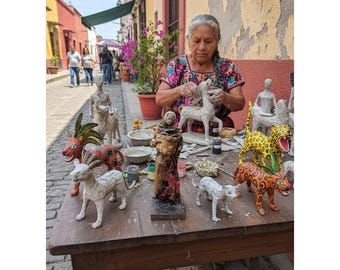 Mexican Folk Art Cartoneria Paper Mache Elderly Lady Carrying Basket 12"
