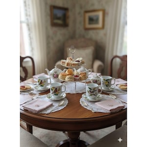 May include: A round wooden table set for afternoon tea. The table is set with floral teacups, saucers, and napkins. A tiered serving tray holds scones, sandwiches, and jam. Teapots and silverware complete the elegant setting.