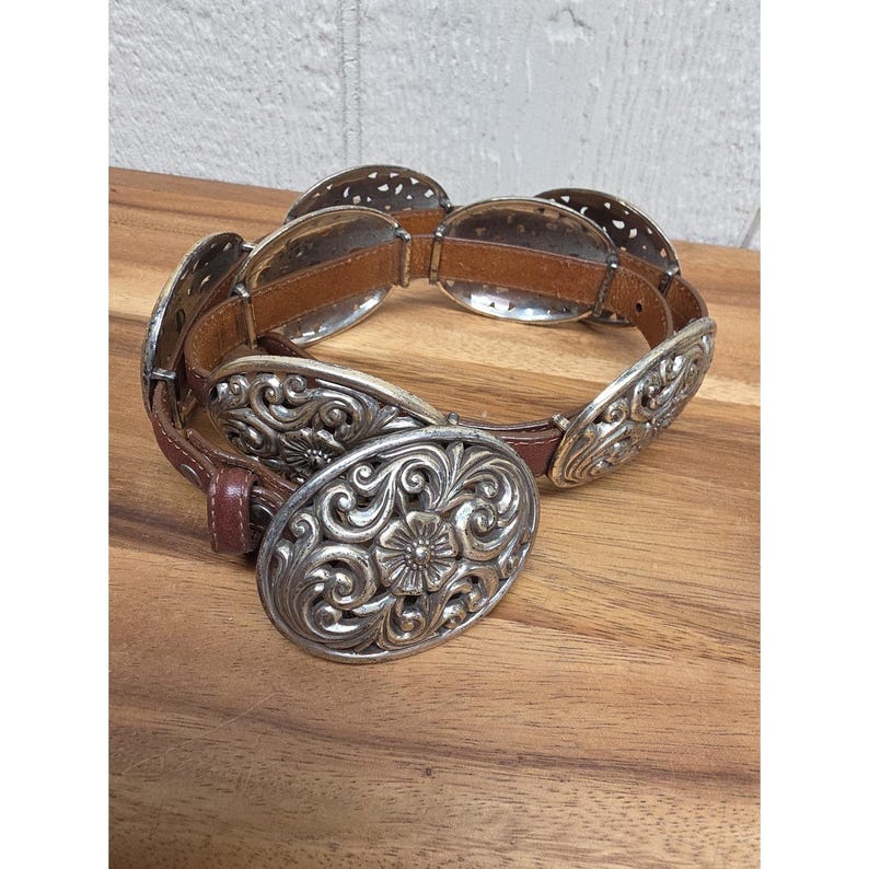 Vtg Brighton Brown Leather & Silver Womens M Belt Hook Latch Flowers 36" image 2