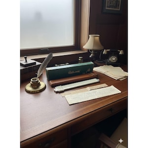 May include: A vintage desk scene featuring a brass inkwell with a feather, a green box, a brown leather case, and a rotary phone. A small lamp and a stack of papers are also on the desk. The desk is made of dark wood.