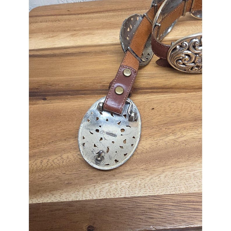 Vtg Brighton Brown Leather & Silver Womens M Belt Hook Latch Flowers 36" image 3