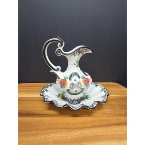 Vtg Vestal Alcobaca Portuguese Pitcher & Plate Art Pottery  Black  White