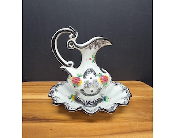 Vtg Vestal Alcobaca Portuguese Pitcher & Plate Art Pottery  Black  White