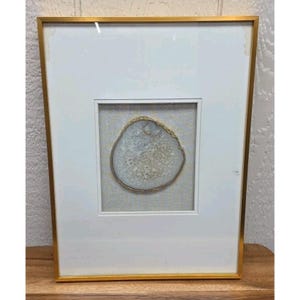 Geoda de ágata cortada con marco dorado, arte de pared vintage de piedra cortada, caja de sombras de 15,5 x 11,5