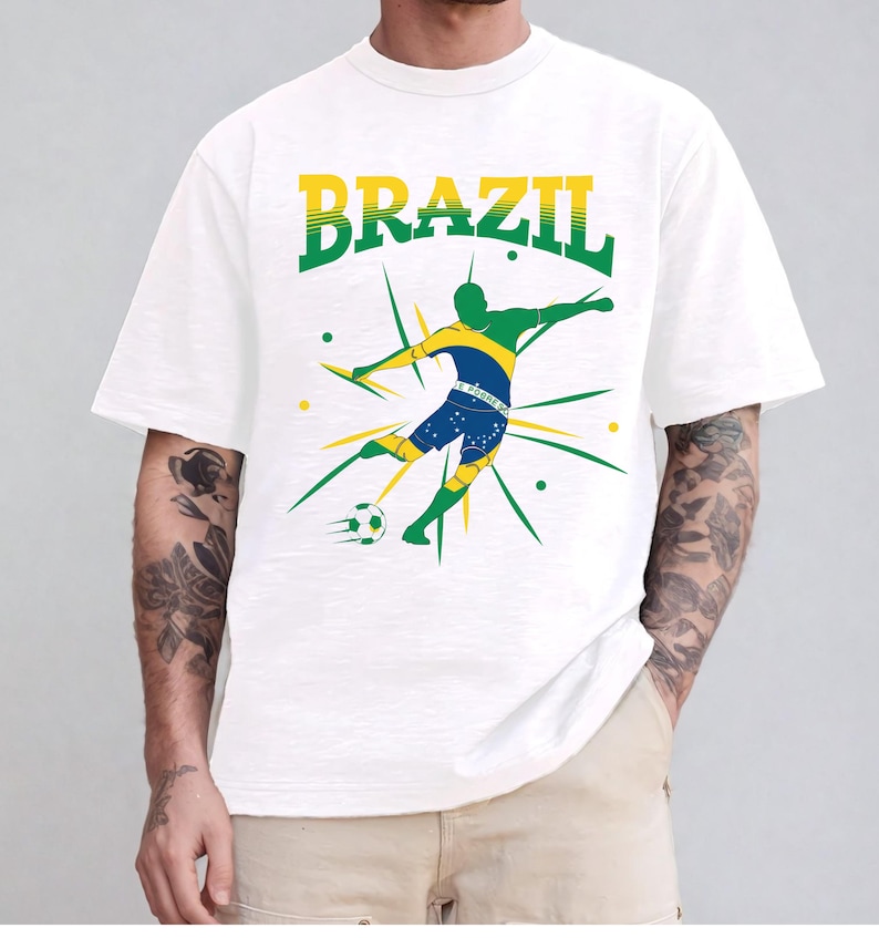 Brazil Soccer Player Silhouette Flag Design | Powerful Football Art | National Pride Sports Graphic White