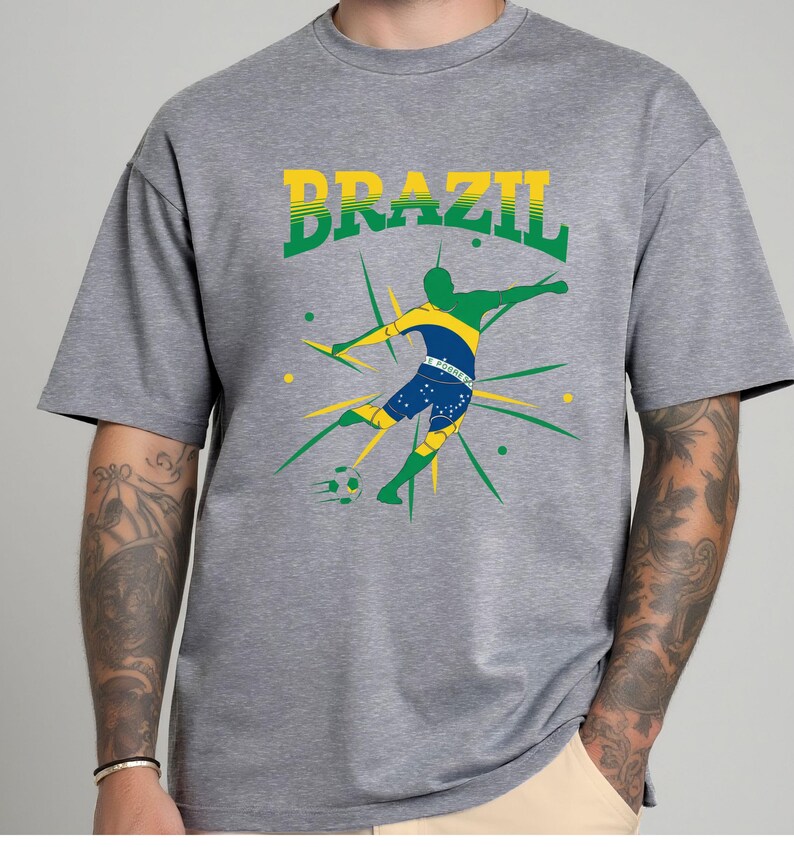 Brazil Soccer Player Silhouette Flag Design | Powerful Football Art | National Pride Sports Graphic Athletic Heather