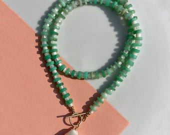 Chrysoprase, Mother of Pearl, and Baroque Pearl Necklace | Beaded Gemstone Necklace | Boho Bridal Jewelry |  Green and White Necklace