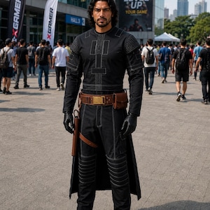 Mandalorian cosplay dark grey flight suit full body bounty hunter outfit front view
Star Wars Mandalorian suit dark grey cosplay with vest and utility belt
Bounty hunter cosplay outfit mandalorian flight suit side view with clean fit
Dark grey cosplay suit mandalorian costume back view with cape and belt
Mandalorian flight suit detail stitching fabric close up cosplay costume
Star Wars cosplay mandalorian outfit full set dark grey suit photography